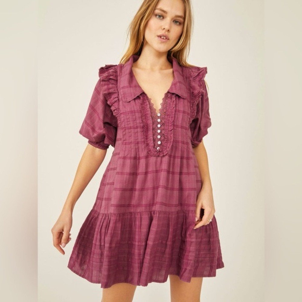 Free People Sunbeams Plaid Ruffle Mini Dress, Size M